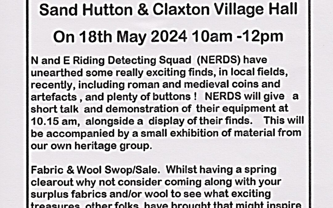Next Saturday Social – 18 May 2024 – local metal detectorists to show some of their finds