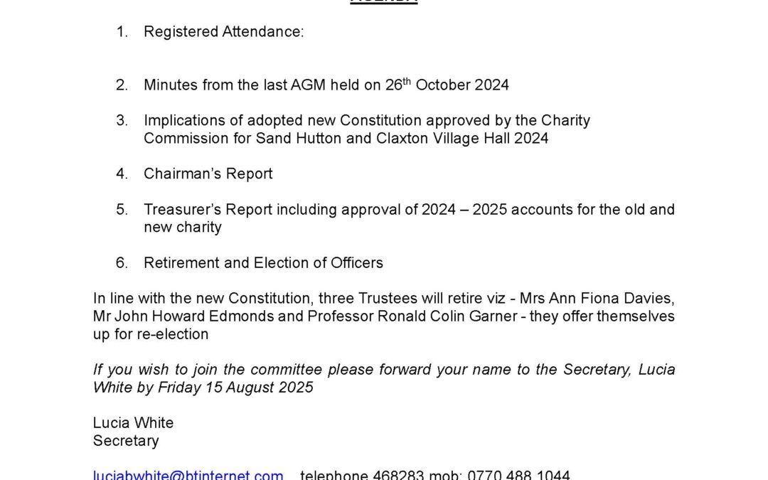 Sand Hutton and Claxton Village Hall First Annual General Meeting